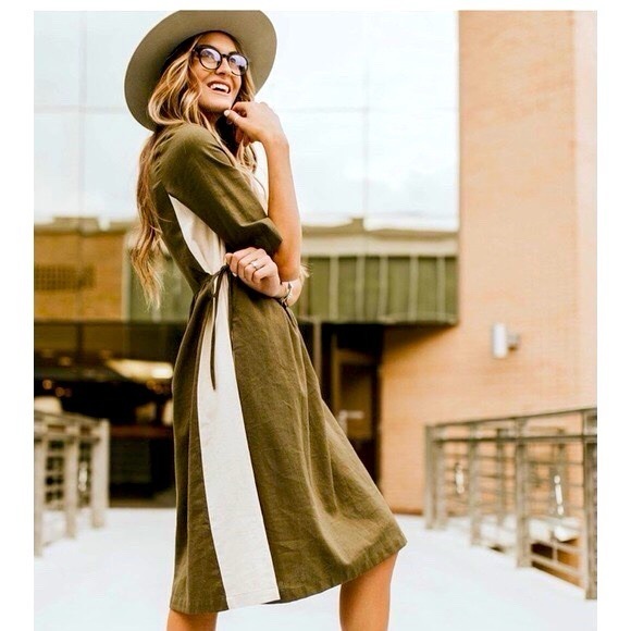 Roolee Green Cream Linen Midi Maxi Dress Tie Womens - Picture 1 of 5